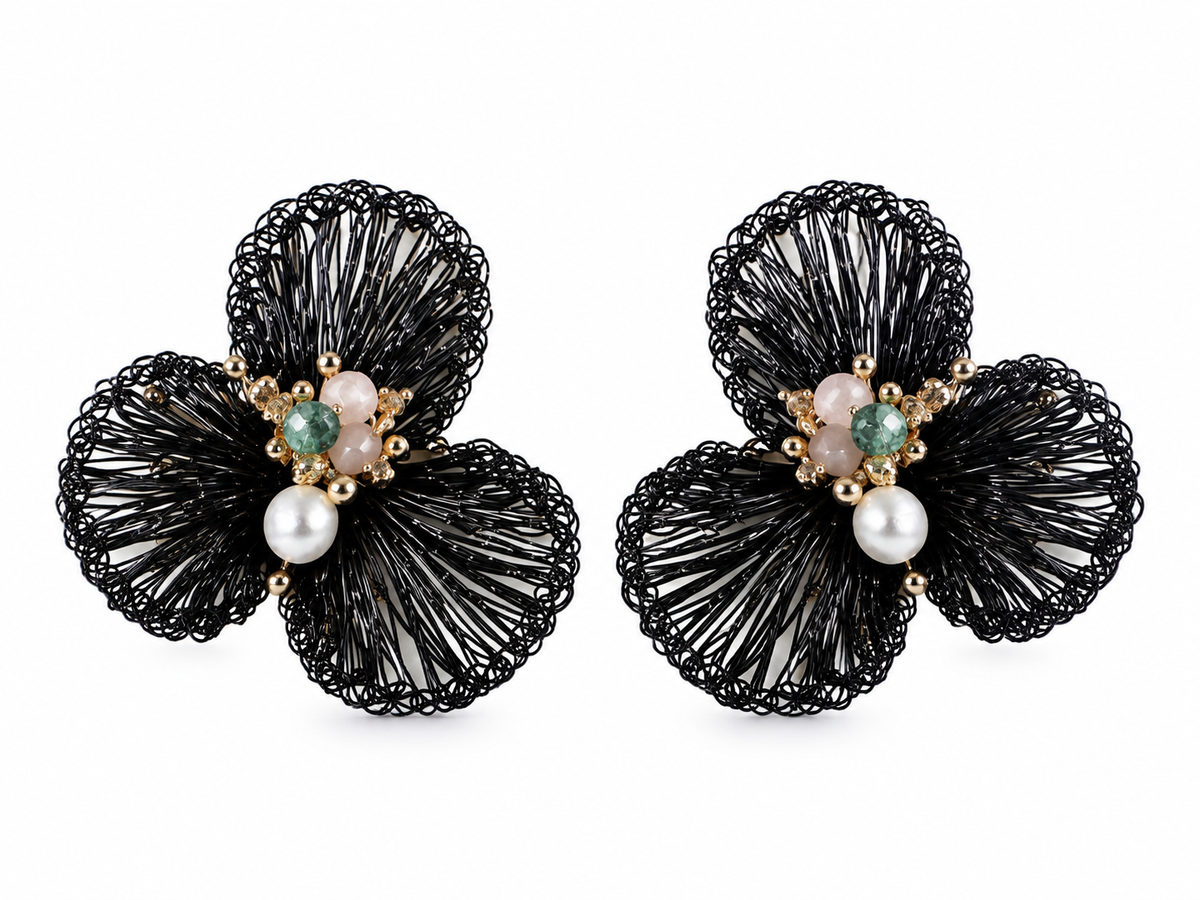 Noir Trefoil Handwoven Gemstone Pearl Earrings
