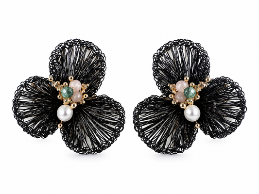 Noir Trefoil Handwoven Gemstone Pearl Earrings