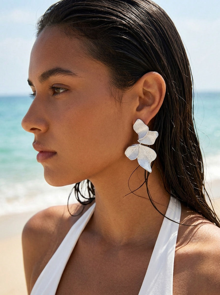 Silver Petal Drop Earrings