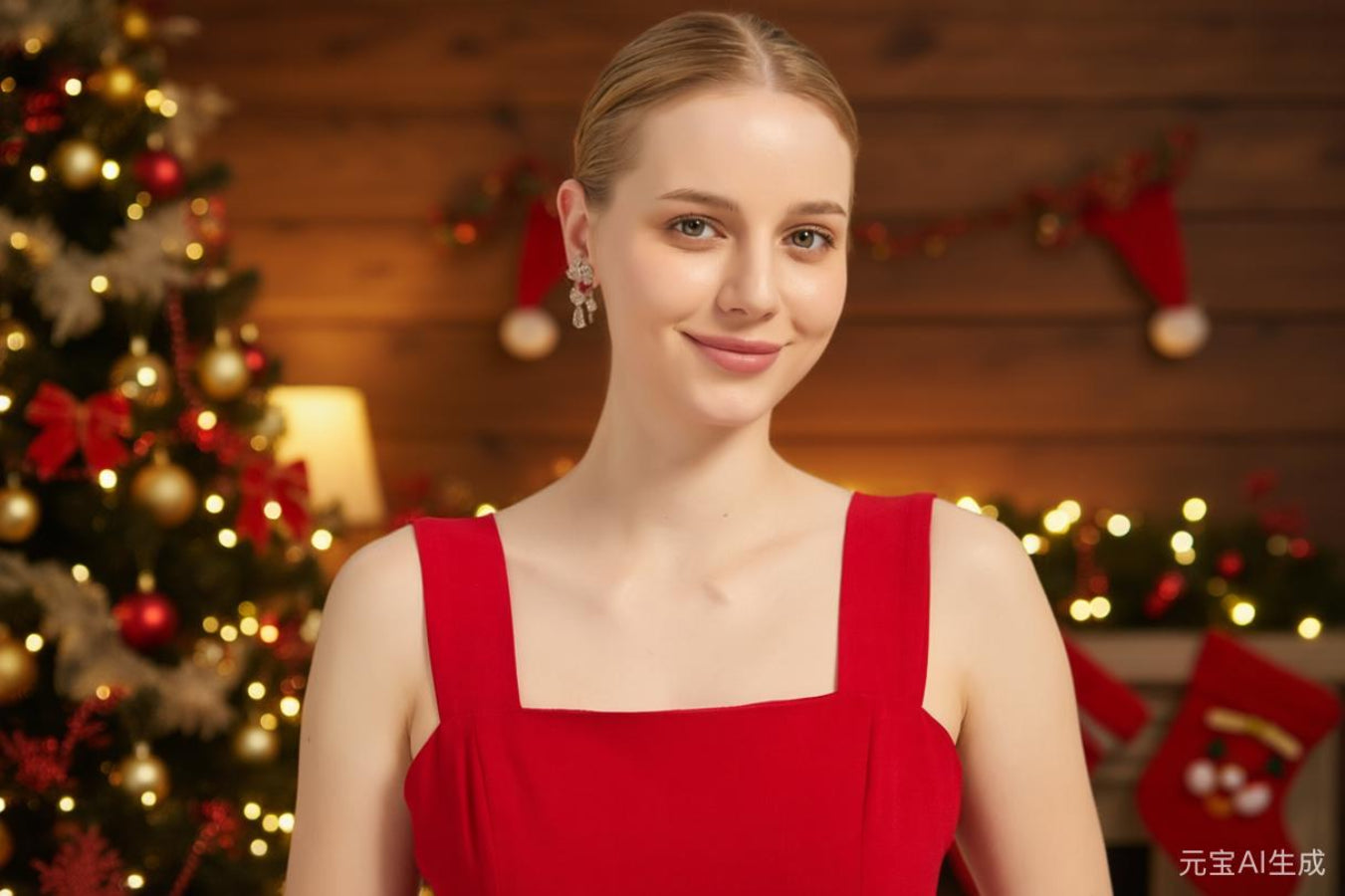 Woman in a red dress standing in front of a decorated Christmas tree with lights and stockings.